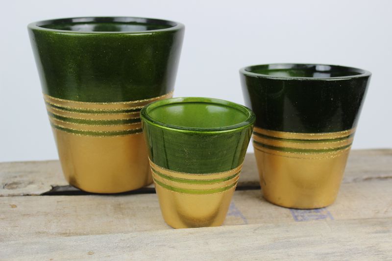 Zöld és arany csíkos virágcserepek 3 szettben