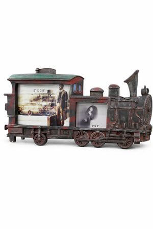 Červeně černý patinovaný fotorámeček tvaru vláčku