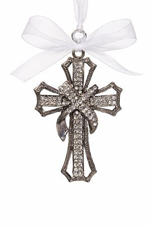 Sivý závesný krížik zdobený kamienkami 7cm