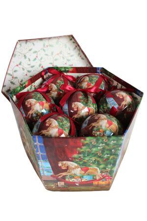 Piros karácsonyi gömbök lovacskával 7cm 14db