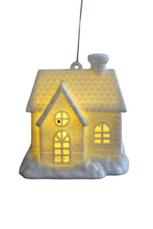 Fehér világító karácsonyfadísz házikó 8cm