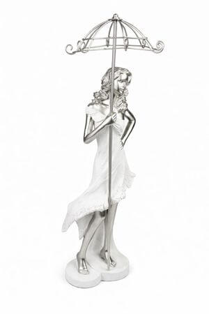 Bílo stříbrná figurka ženy s deštníkem 43cm