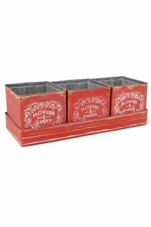 Červené plechové vintage květináče na bylinky set