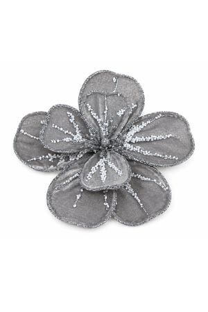 Šedý bílozdobený sametový květ na kolíčku 11cm