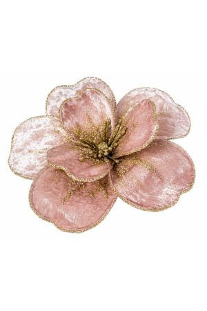 Ružový zlatozdobený zamatový kvet na štipci 11cm