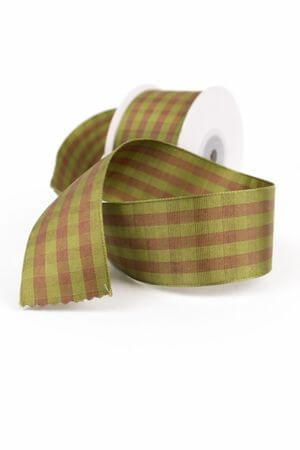 Zöldesbarna kockás szatén szalag 4cm 