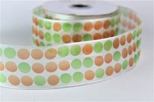 Bílá stuha s oranžovozelenými tečkami 3,5cm x 10m