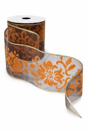 Hnedá stuha s oranžovým ornamentom 6cm 10m