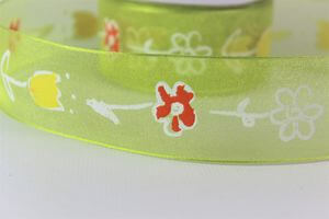 Zöld átlátszó szalag közepén virágokkal 3,5cm 