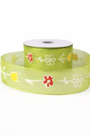 Zöld átlátszó szalag közepén virágokkal 3,5cm 