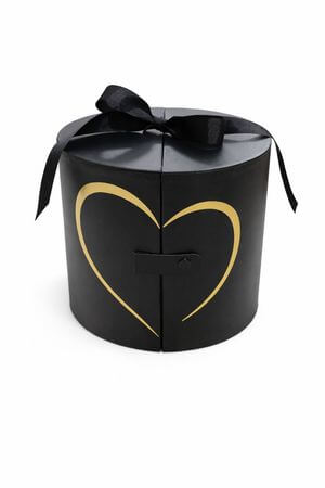 Černý flower box ve tvaru válce se srdíčkem 22cm