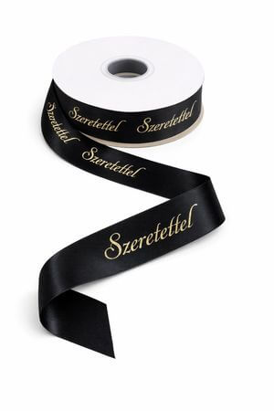 Fekete szatén szalag "Szeretettel" felirattal 2cm 