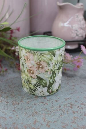Zöldesrózsaszín virágos gyertyatartó 7cm