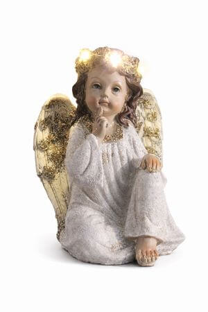 Krém-arany gondolkodó LED angyal 18cm