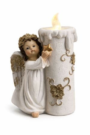 Krém-arany angyal LED gyertya mellett 21cm