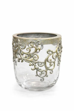 Sklenená nádoba s kovovým ornamentom 20cm