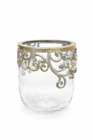 Sklenená nádoba s kovovým ornamentom 15cm