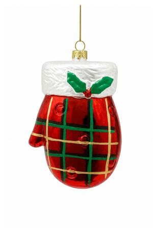 Piros kockás karácsonyfadísz kesztyű 11cm
