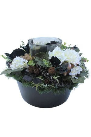 Bíle černý aranžmá na hrob se svícnem 45cm