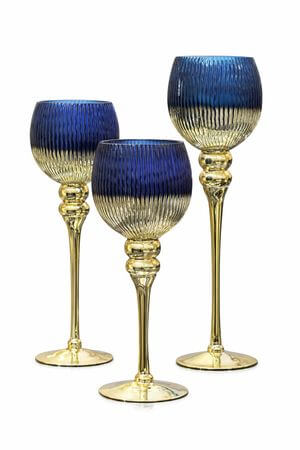 Kék-arany üveg gyertyatartók, szárral 3-as szett