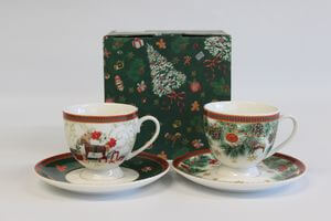 Zöld karácsonyi csészék, csészealjakkal 2-szett