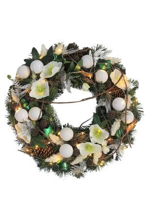 Bílý vánoční věnec na dveře se světýlky 50 cm