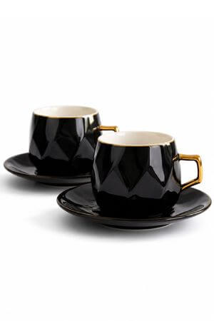 Čierno zlaté porcelánové šálky s podšálkou 2ks