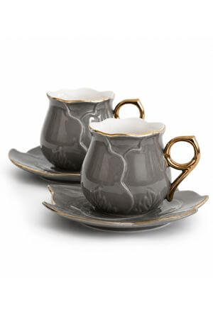Šedé porcelánové šálky s podšálkem Květ 2ks