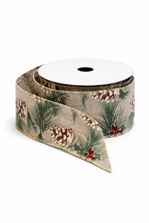 Természetes karácsonyi szalag tobozokkal 6cm 10m