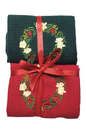 Červená a zelená vianočná kuchynská utierka 2-set