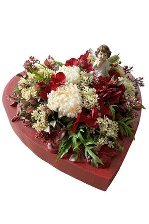 Červené drevené srdce na hrob s andílkem 30cm