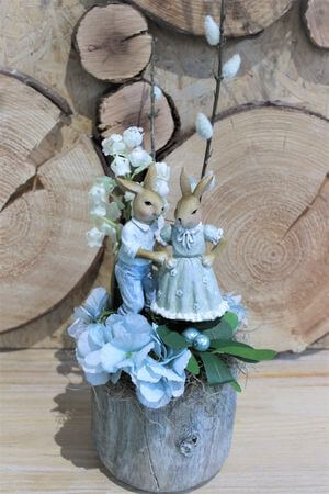 Aranžman modrý zajačí pár v keramike