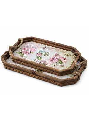 Růžové dřevěné shabby tácky 2-set