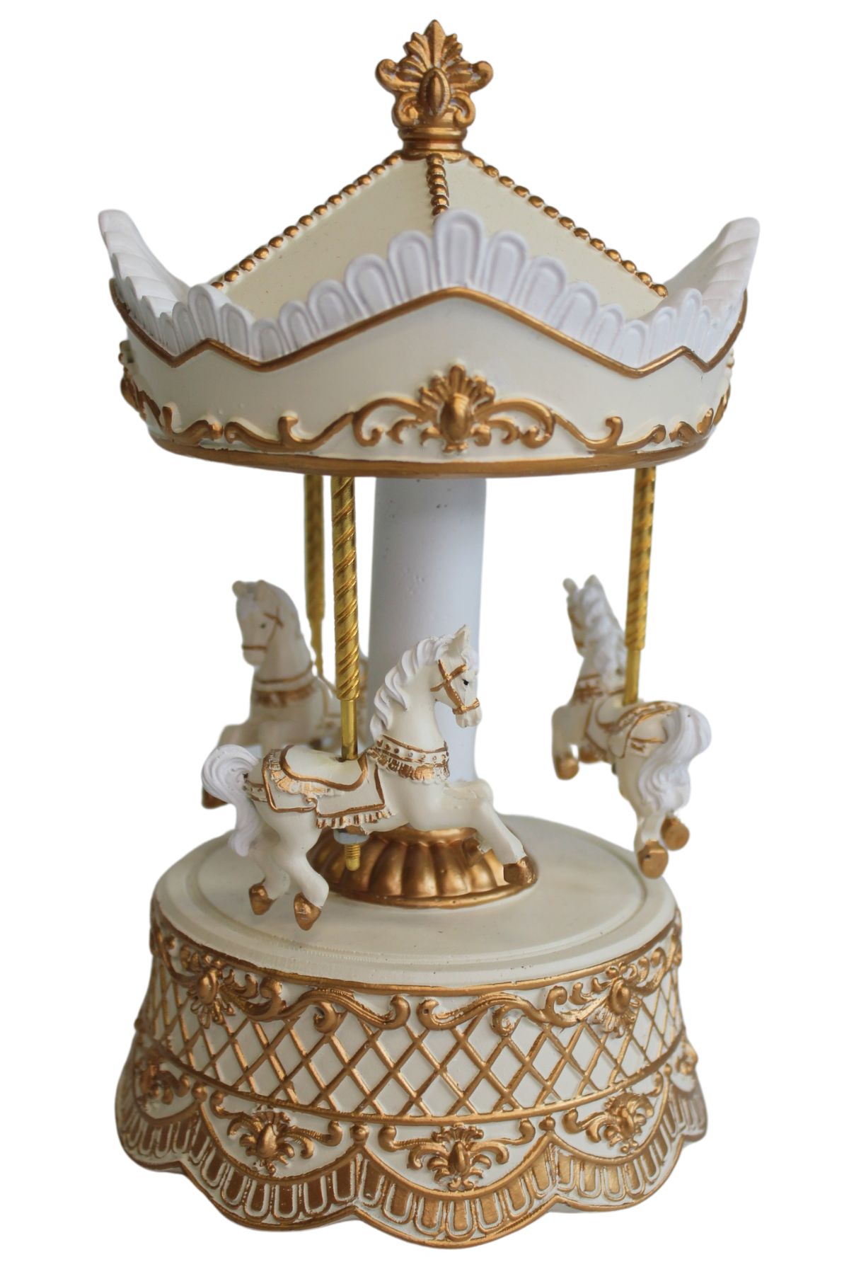 Krémovozlatý vánoční hrací pohyblivý kolotoč 21cm