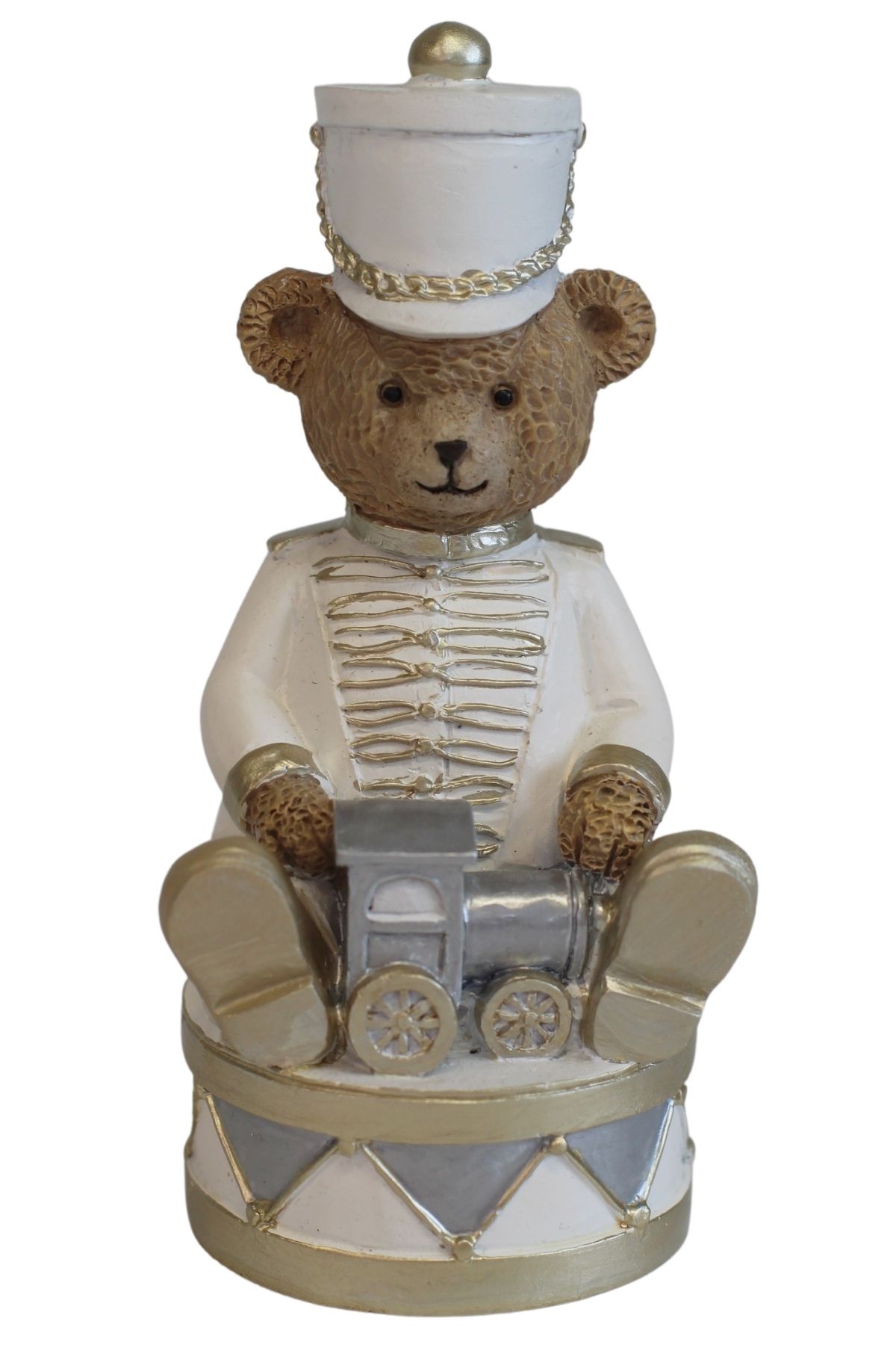 Bíle zlatý vánoční medvídek s vláčkem 14cm