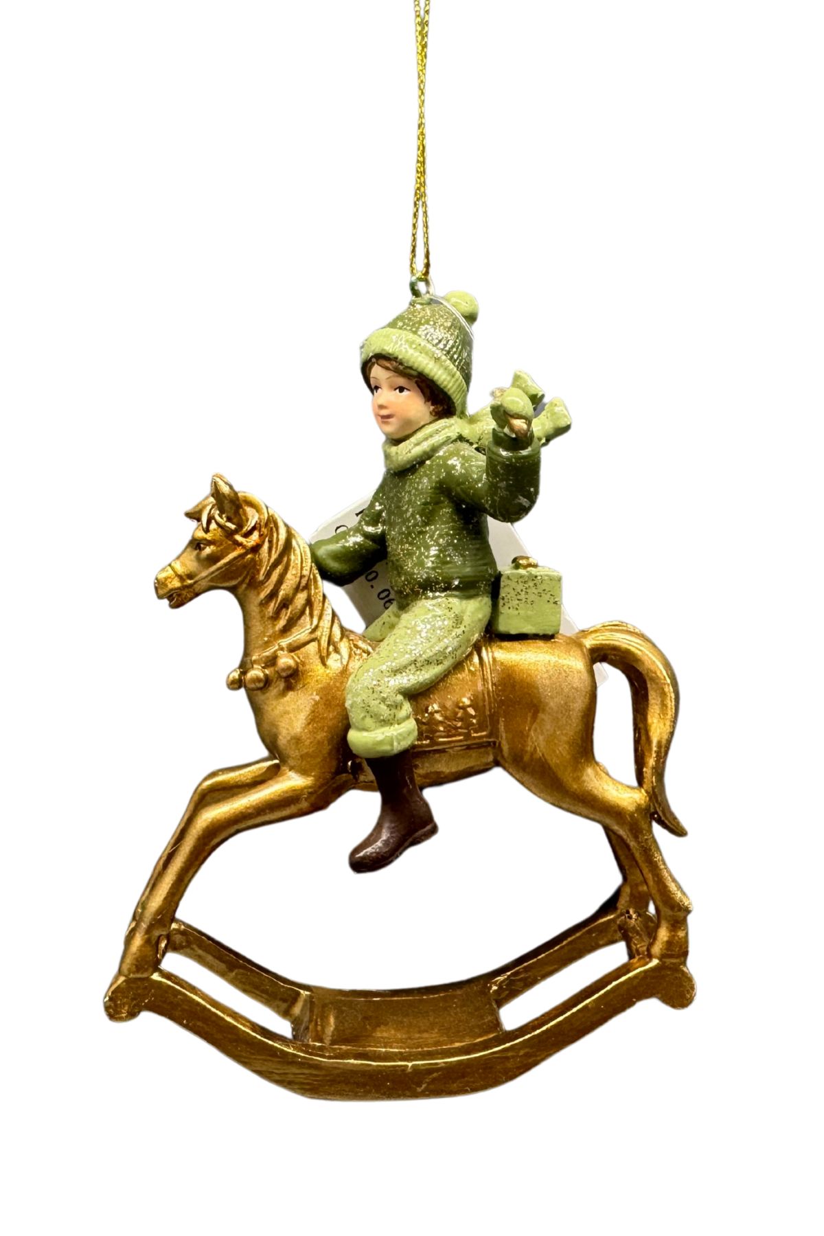 Zelená a zlatá vánoční ozdoba kůň s dítětem 12cm