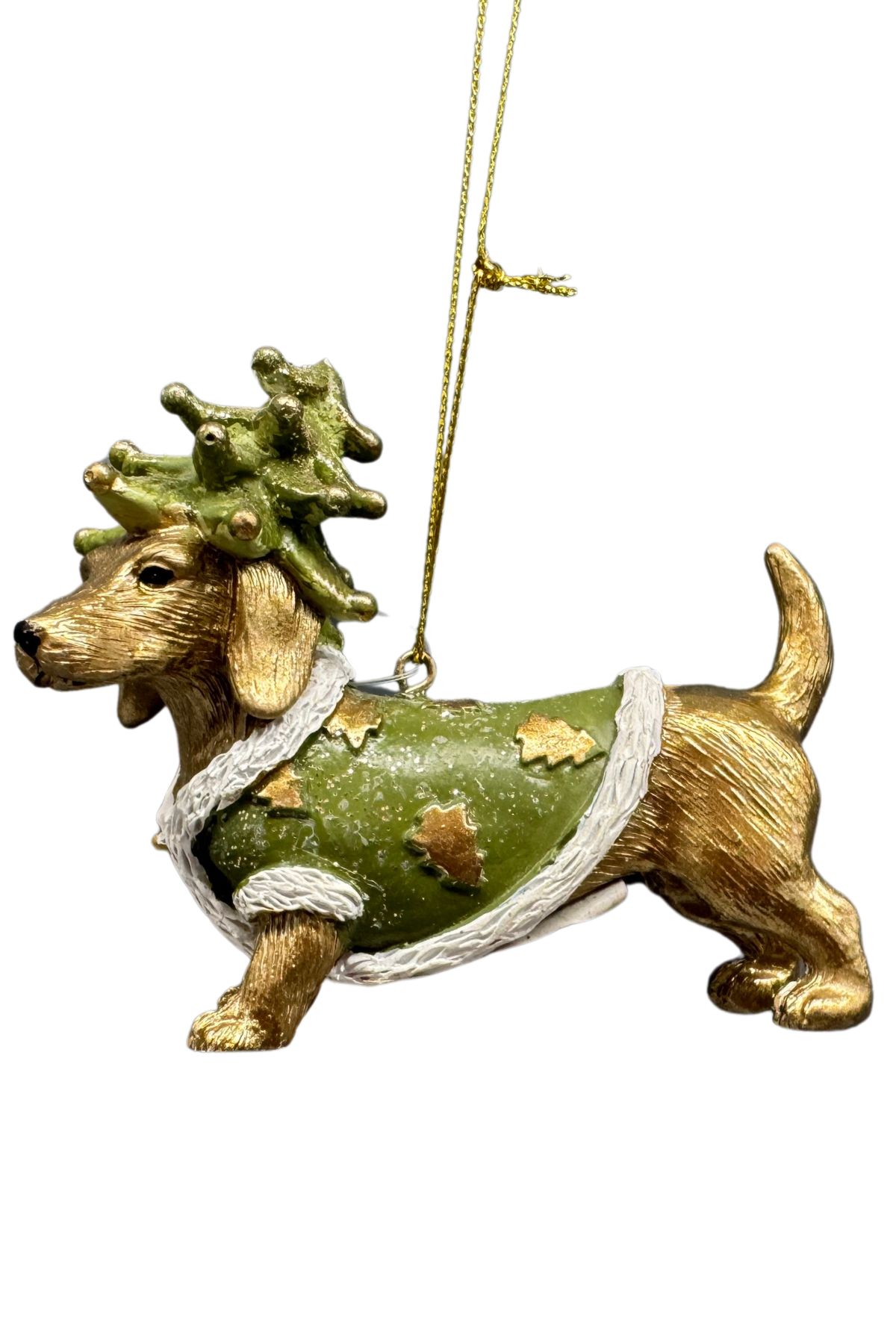 Zelená a zlatá vánoční ozdoba psa 7cm