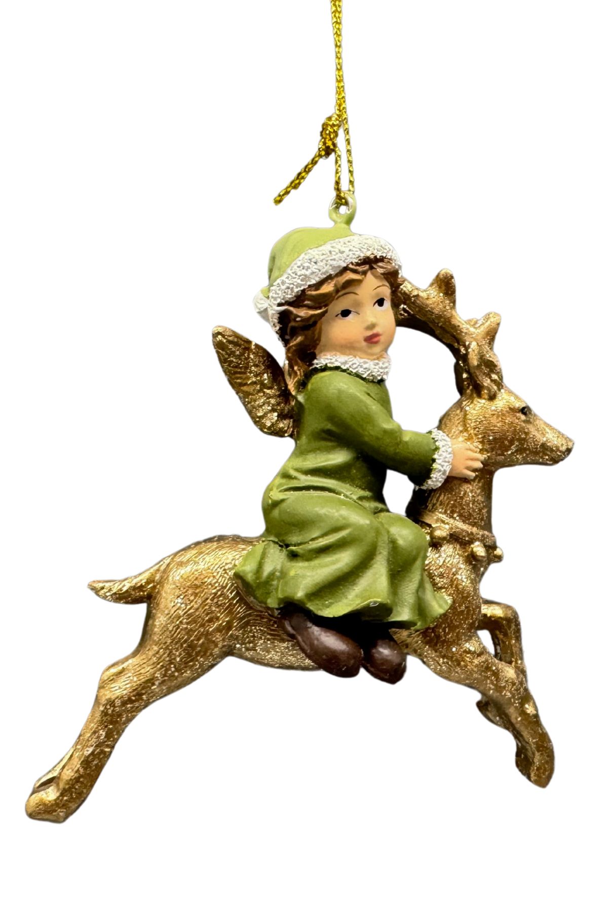 Zelená a zlatá vánoční ozdoba anděl s jelenem 9cm
