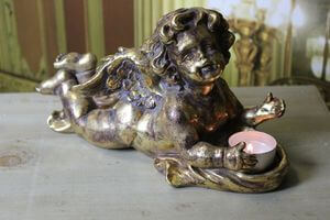 Starozlatý svietnik na čajovú sviečku anjel