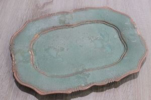 Antikzöld színű ovális tálca patinával 38cm 