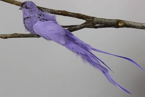 Fialový vtáčik na štipci s dlhým chvostom 25cm